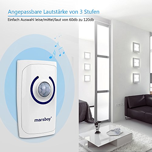 Funkklingel 2 Empfänger 1 Sender, Marsboy 4-in-1 Multi-Funktion Tragbare Wassergeschützte Funk Türklingel Kit,mit Anti-Diebstahl-Alarmanlage,Bewegungsmelder, Notfallblinklicht (Weiß) - 2