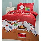 Catherine Lansfield - Funda de edredón y 2 fundas de almohada (200 x 200 cm y 50 x 75 cm, 55% algodón y 45% percal de poliéster), diseño de Papá Noel y regalos de Navidad