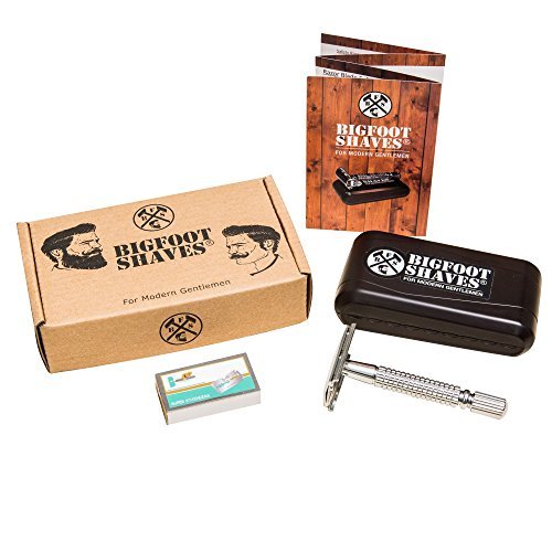 Bigfoot Shaves 3-Piece Double Edge Single Blade Safety Razor Kit For Men By Bigfoot Shaves - True Classic Razor - Best Shave Of Your Life - Travel Kit Case + Mirror + Blades - Straight Silver