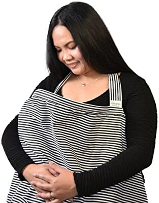 Quality Breastfeeding Cover - Apron Style - Adjustable Boned Neckline with Pocket &amp; Bag - 100% Natural Soft Cotton - Fuller Coverage - Nurse Baby Discreetly with Confidence in Public, Black/White