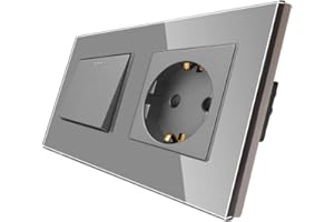CNBINGO Schuko Steckdose mit Lichtschalter unterputz, Grau Wandschalter mit Glasplatte, mit Leuchtstoffpunkten, 1-Fach, Wechselschalter
