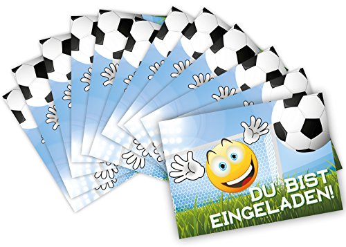 12 Lustige Einladungskarten im Set für Kindergeburtstag Emoji Smiley Fussball Party für Jungen Mädchen Kinder Partyspiele Karten Tor Kicken Stadion witzig - 3