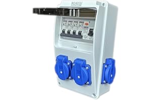 RoadEu - Distributore di corrente 230V, 4 prese BALS Schuko con interruttore, distributore di prese con RCD 40A tipo A/AC, 4x LS C16A. Distributore di corrente da cantiere IP44.