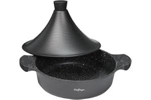 Cheffinger Fonte D'Aluminium Tajine Ø28cm Induction Silikongriffe Marmite Cuit-Vapeur Rôtissoire, Noir