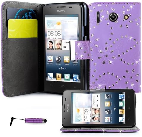 Magic Global Gadgets® Lilac Sparkly Diamond Glitter Pu Leather Book Wallet Case For Huawei Ascend G510 / U8951 Premium Printed Stylish Magnetic Flip Pouch Cover Holster + Built In Card Slots / Cash Compartment + Built In Media Stand With Screen Protector Guard &amp; Mini Capacitive Stylus Pen