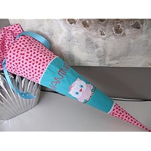 #150 Eule Uhu türkis-rosa Schultüte Stoff + Papprohling + als Kissen verwendbar