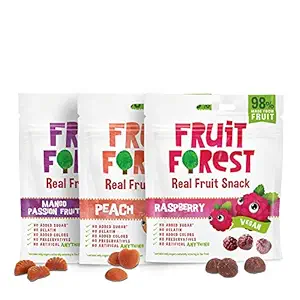 Fruit Forest Real Fruit Gummy Combo Pack of 3 | Vegan | No Added Sugar | 100% Natural | for Kids & Adults | Gluten Free | Low Calorie Snack | Mango Passion Fruit, Raspberry and Peach Combo Pack (1 Each)