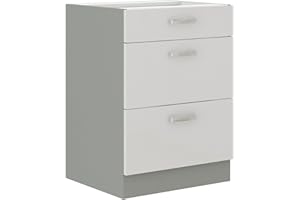 ‎KUECHEN-PREISBOMBE Kuechen-preisbombe Unterschrank 60 Bianca Weiss Hochglanz + Grau Vollauszug Soft-Close Küche
