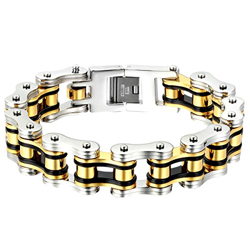 OIDEA Herren Edelsathl Armband, Hochglanz Poliert Fahrradkette Motorradkette Biker Kette Kettenarmband Armkette Armreif, 16mm Breit 23cm, rot Gold schwarz