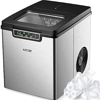 Aicok Machine à Glaçons, Appareil de Glaçon Silencieux avec Réservoir d'eau de 2 Quarts et Pelle de Glaçon, Faire de la Glace en Seulement 6 Minutes, Portable et Rapide, Acier Inoxydable