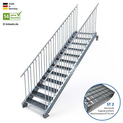 Preisvergleich Produktbild Außentreppe 12 Stufen 90 cm Laufbreite - beidseitiges Geländer - Anstellhöhe variabel von 199 cm bis 240 cm - Gitterroststufe ST2 - feuerverzinkte Stahltreppe mit 900 mm Stufenlänge als montagefertiger Bausatz