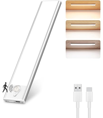 BokiHuk Lot 2 Réglettes LED Cuisine 20cm Détecteur Mouvement - 3 Couleurs Dimmables Rechargeables USB-C