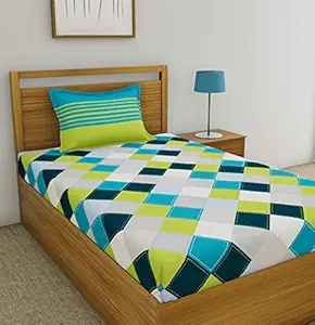 Huesland by Ahmedabad Cotton 144 TC 100% Cotton Single Bedsheet with 1 Pillow Cover - Blue, Green, Grey,Geometric