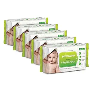 BodyGuard Premium Paraben Free Baby Wet Wipes with Aloe Vera - 72 Wipes (Pack of 5)