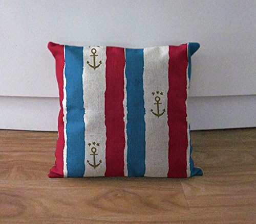 Nautical stripe pillow cover anchor pillow case red and blue linen pillows nautical decor pillows decorative throw pillow case 18"x18"