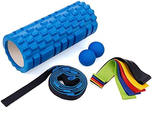 JIWEI Set of 5 Resistance Loop Bands, Foam Roller, Peanut Massage Ball and Elastic Stretching Strap, Fitness Exercise for Workout&amp;Physical Therapy, Pilates,Yoga,Rehab, Improve Mobility and Streng