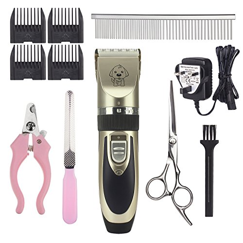Pet-Grooming-Clippers-YaFex-Rechargeable-Cordless-Pet-Hair-Shaver-Grooming-Trimmer-Kit-set-with-Low-Noise-Low-Vibration-Cordless-Pet-Fur-Grooming-Set-with-4-Comb-Guides-and-Cleaning-Brush-for-Cats-and