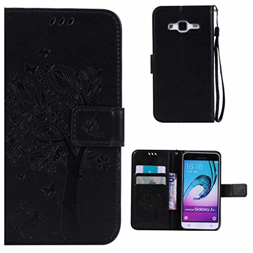 Samsung Galaxy J3 2015 Hülle [mit Frei Hartglas Displayschutzfolie], BoxTii® Ledertasche Lederhülle mit Bändselloch Kartenfächern, Kratzfeste Wickelfalz Weiche PU Leder Flip Wallet Case, Handyhülle Schutzhülle mit Rückschale Cover für Samsung Galaxy J3 2015 (#1 Schwarz)
