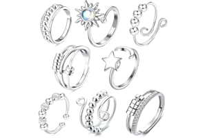 BEZHGOC Anxiety Rings for Women, 8Pcs Fidget Ring for Anxiety Women Silver Zircon Sunflower Daisy Thumb Ring Rotate Beads Stress Reliever Spinner Rings Set