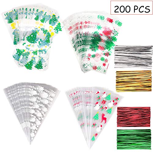 Mannli 200 Pièces Sachets de Noël en Cellophane Cone Carré Sachets de Friandises Biscuits Bonbons de Noël Transparents et 200 Pièces Cravates Torsadées pour Chocolat Biscuit Fournitures de Noël