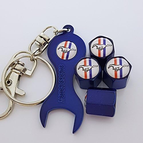FORD MUSTANG blue Valve Dust Caps With double sided logo Spanner Keychain fits all models