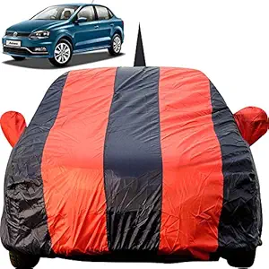 Autofact Car Body Cover for Volkswagen Ameo with Mirror and Antenna Pocket (Light Weight, Triple Stitched, Heavy Buckle, Bottom Fully Elastic, Red Stripes with Navy Blue Color )