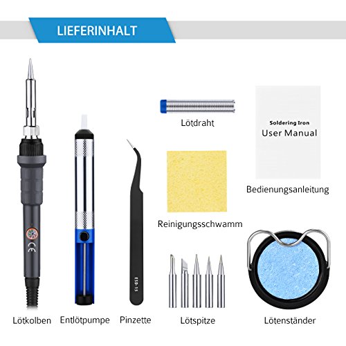 Lötkolben, HoLife Lötset【Neuste Version】60W Lötstation Einstellbarer Temperatur (200°C-450°C) mit 5pcs Eisen Lötspitze, Solder Sucker, Lötkolben Ständer, Lötzinn, Pinzetten für Holz, Brandmalerei,usw (60W 220V) - 6
