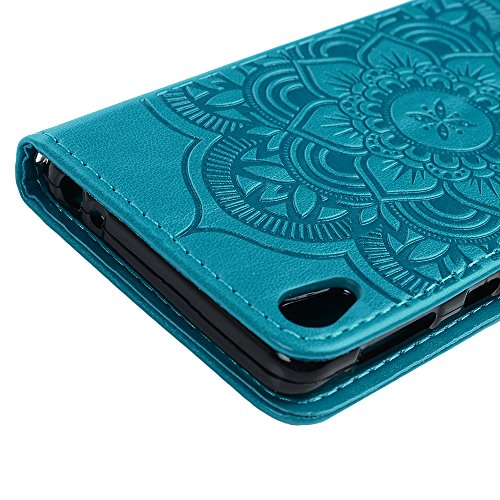 Lanveni Lederhülle Leder Tasche für Sony Xperia E5 Hülle Windspiele Muster Design Case Cover Bookstyle Brieftasche Card Slot Handy Schutzhülle Back Cover (Blau) + 1 x Stylus Pen + 1 x Staubdichte Stecker - 5