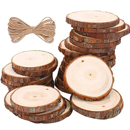 Rodajas de Madera Círculos 8-9cm 20 pezzi TICOSH Discos de Madera Rebanada 10m Cuerda de Cáñamo Maderas Naturales Perforado Con Corteza de Árbol Para Manualidades