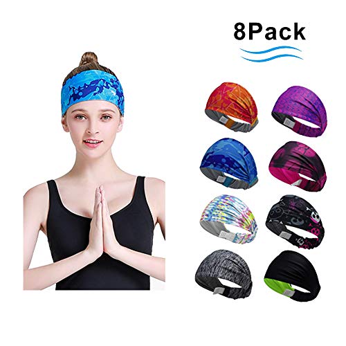 blueear Sports Headband Elastic Sweatband Yoga Hairband Moisture Wicking For Running Cylcing Yoga Fitness Gym 4pcs Pack (8 color)