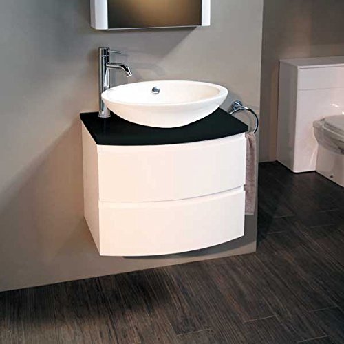 600 Vanity Unit with Vessel Basin for Bathroom Ensuite Cloakroom - Wall Mounted Luxury Soft Closing White Bow Front Design - Black Countertop - Modern Hand Wash Sink - Wall Hung Gloss Storage with 2 Deep Fill Drawers (Dimensions ** Furniture Cabinet - Height: 500mm, Width: 