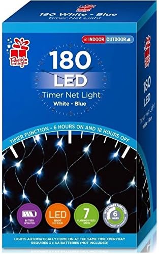 Battery Timer Indoor/Outdoor Net Mesh Curtain Xmas LED Fairy Light Decoration. (White-Blue - 180)