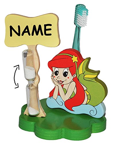 Preisvergleich Produktbild Zahnbürstenhalter / Zahnputzuhr - Nixe Meerjungfrau incl. Name - mit Sanduhr + Zahnbürste - aus Holz - Badezimmer Bad Kinderzahnbürste / Mädchen - Prinzessinnen Wassernixe - für Kinder / zum Zähneputzen für 1 Minute