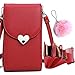 Produktbild Flywill Dame Handy Umhängetasche PU Leder Schultertasche Kleine Tasche Herzförmiger Metallknopf Geldbörse Handytasche mit Kartenfächer Verstellbar Schultergurt Passt Handy unter 6.5", Weinrot