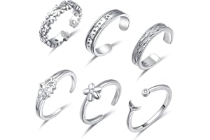 LUTAKU Juego de 6 anillos de dedo del pie para mujeres y niñas, ajustables, de loto, cola, flor, juego de 6 anillos de playa