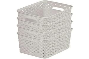 Curver My Style Rattan Effect Set of 4 Kitchen, Living room, Bathroom, Bedroom, Utility Small Rectangular Storage Baskets 4 Litres - Light Grey