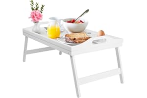ARTMEER Plateau de lit avec pieds pliables, plateau de service en bois pour lit, TV, bureau, ordinateur portable, snack, blanc