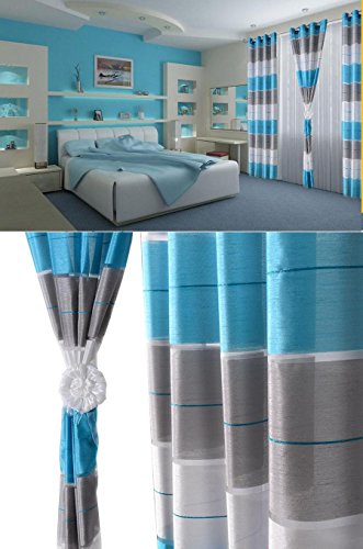 AeMBe - Ösen Vorhang Halbtransparent - SET - Top Design - Modern - 2 Vorhänge in 1 pack - Blau-Grau-Weiß - Höchste Qualität
