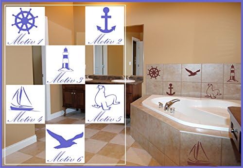 6x Tile Stickers Lighthouse Anchor Sea Maritime Seal Seagull Sailing Boat with Motif Colours Approx. 10 cm in 33 Colours Matt or Gloss - Motiv 6 - Light Grey Matte