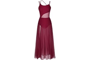 RUNQHUI Women's Lyrical Dance Dress Sleeveless Spaghetti Strap Mesh Split Skirted Leotard Dancewear Costume