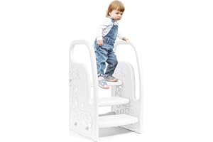 ‎LEOGREEN Leogreen Kinder Tritthocker, 3 Stufiger Trittschemel, Höhenverstellbar, mit Zwei-Armlehnen, Kinderschemel aus Kunststoff, für Kinderzimmer, Küche und Badezimmer (Weiß)