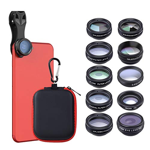 Ofliery 10 in 1 Cell Phone Camera Lens Kit Wide-angle&Macro Lens+Fisheye Lens+Telephoto Lens+CPL/Flow/Radial/Star Filter+Kaleidoscope 3/6 Lens for iPhone, Samsung, Most Smartphones