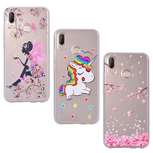 Preisvergleich Produktbild Yokata Kompatibel mit Huawei P20 Lite Hülle Silikon Transparent Durchsichtig Handyhülle Schutzhülle TPU Dünn Slim Kratzfest mit Motiv Muster [3 Pack] - Schmetterlings-Mädchen + Einhorn + Sakura