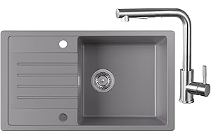 CECIPA Evier Cuisine 1 Bac avec Egouttoir，Evier Gris en Granit 78 x 45 cm avec Robinet Cuisine Douchette, Lavabo Cuisine 1 bac, Évier Cuisine avec Siphon Classique et Trop-plein