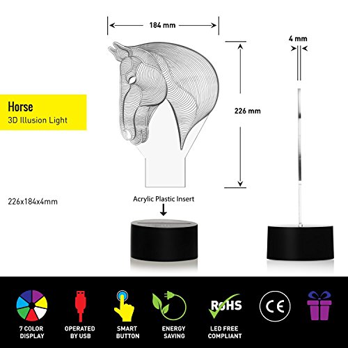 Pferd 3D Optische Illusions-Lampen, FZAI Tolle 7 Farbwechsel Acryl berühren Tabelle Schreibtisch-Nachtlicht mit 150 cm USB-Kabel für Kinder Schlafzimmer Geburtstagsgeschenke - 2