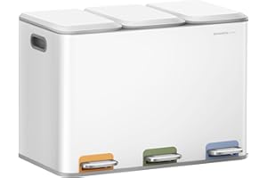 SONGMICS HOME Triple Kitchen Recycling Bin, 3 x 4 Gallon (15 L) With Color-Coded Pedals, Waste Separation System, Lids and Inner Buckets, Steel, Cloud White LTB740W02V1