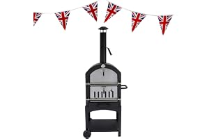 Utomhus pizzaugn bärbar kol BBQ rökare pizzamaskin spis skorsten ventil temperaturmätare förvaringshylla & Union Jack Bunting 25 triangelflaggor 10 m dubbelsidig gratis pizzaskala, sten och skärare