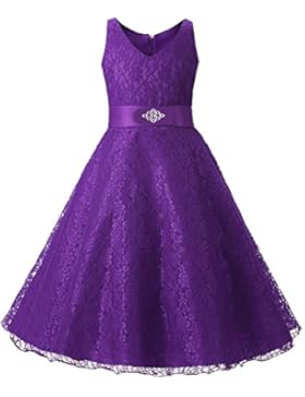 Free Fisher - Vestito Bambina Fiore Pizzo Orlo Matrimonio( Viola,altezza 130cm,Busto 68cm)