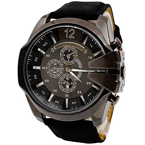 Herren Gro Kunstleder Armband Edelstah Sportuhr Analog Quarz Armbanduhr Schwarz Band und Schwarz Gehuse Herren Gro Kunstleder Armband Edelstah Sportuhr Analog Quarz Armbanduhr Schwarz Band und Schwarz Gehuse