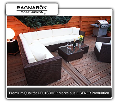 PolyRattan Lounge DEUTSCHE MARKE -- EIGNENE PRODUKTION 7 Jahre GARANTIE Garten Möbel incl. Glas und Polster Ragnarök-Möbeldesign braun Gartenmöbel